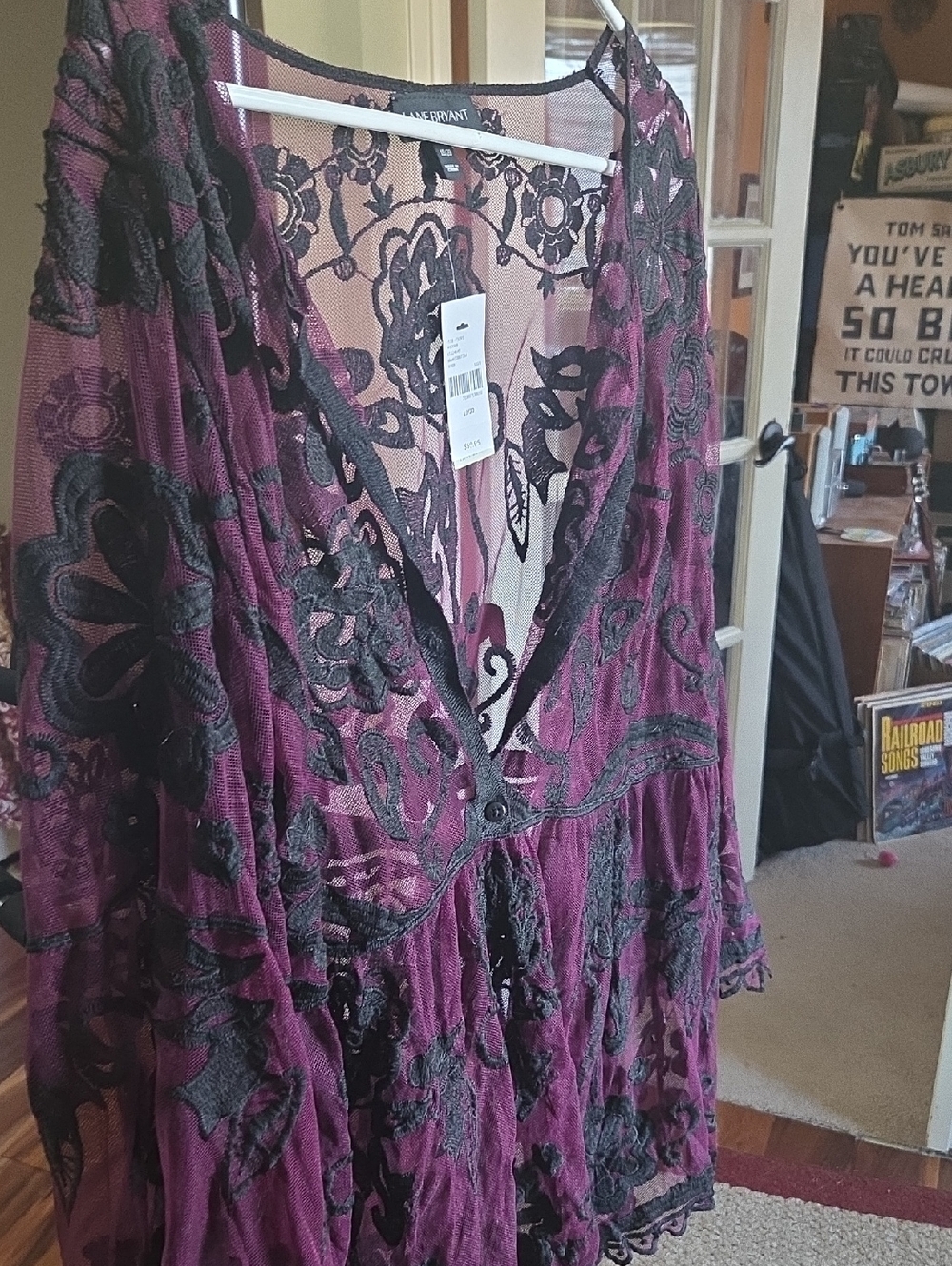 Lane Bryant Purple and Black Lace Overlay Cardigan